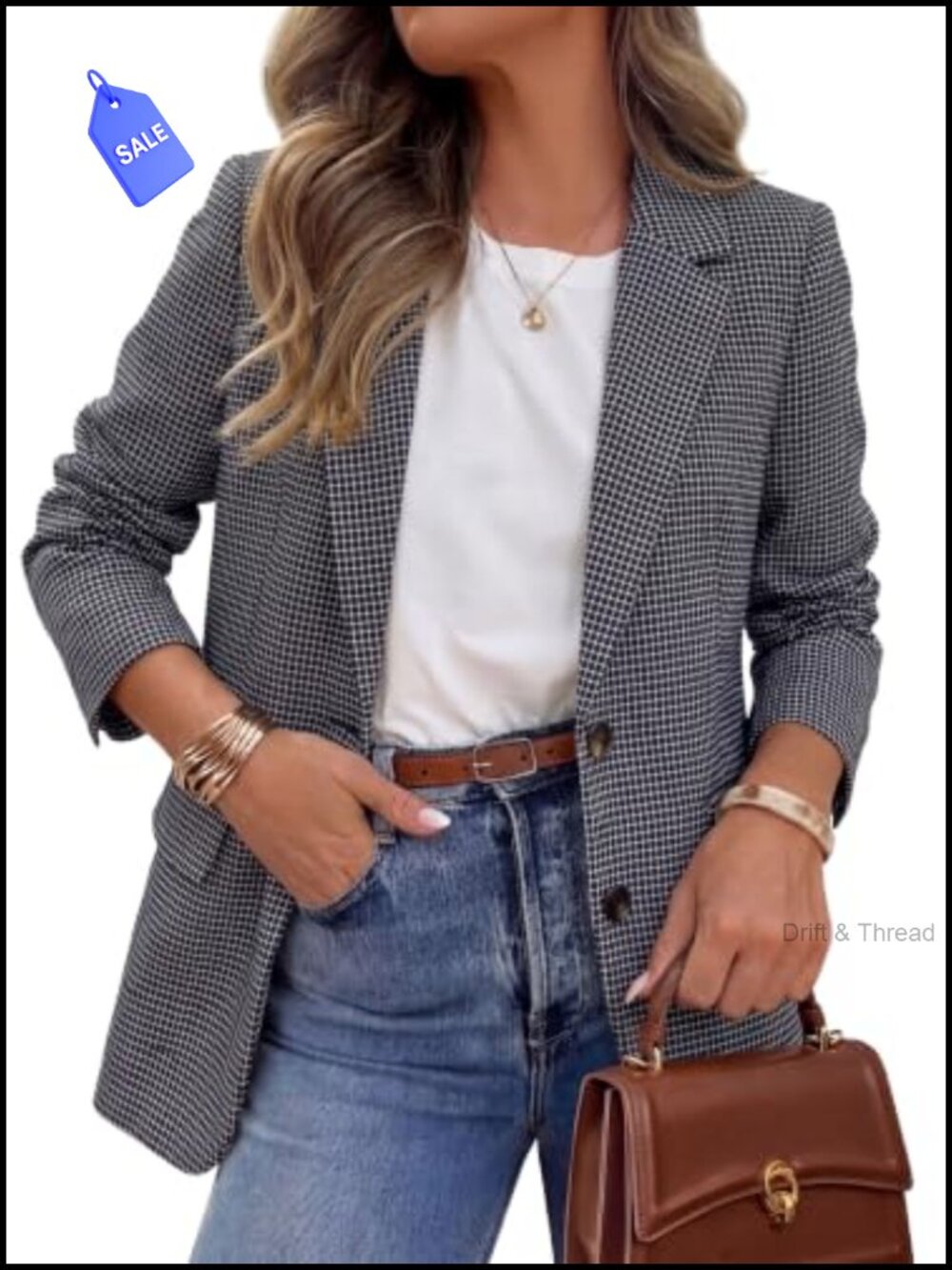 Plaid Blazer Women Business Casual Houndstooth Button Front Long Sleeve